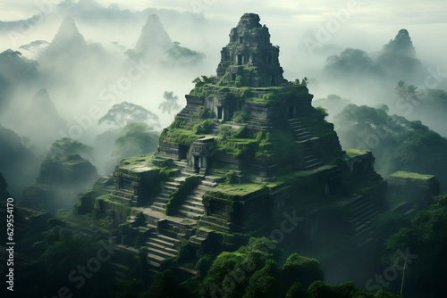 Ancient temple engulfed in mist  an ethereal vision of spirituality.