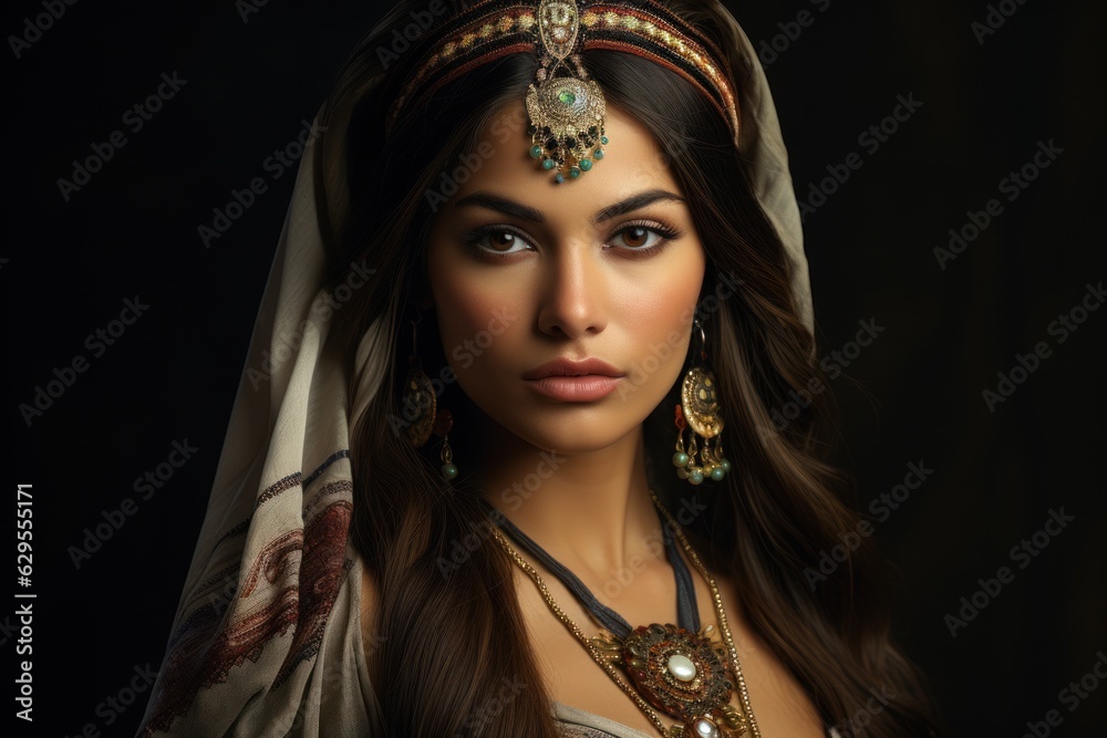 Lifelike beautiful Asian Indian woman with a striking appearance and traditional outfit poses for hyper-realistic studio portraits