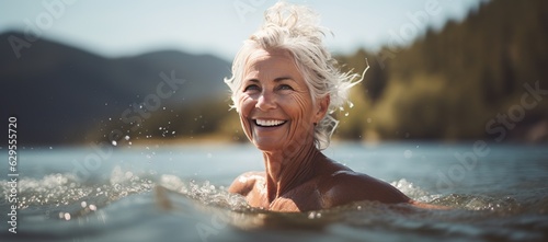 a mature  happy woman joyfully swims in the crystal-clear lake on a warm summer day  with the sun glistening on the water s surface