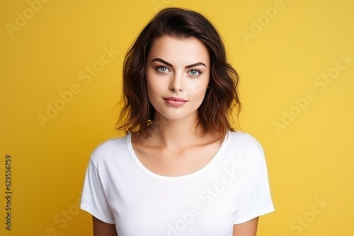 Portrait of a beautiful woman with white t-shirt isolated in yellow studio generative AI