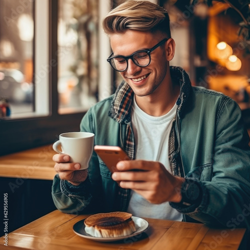 Smiling Man looking at phone at coffee shop, browsing mobile apps, reading news, chatting or shopping online, holding smartphone. Man in casual clothes with cup coffee