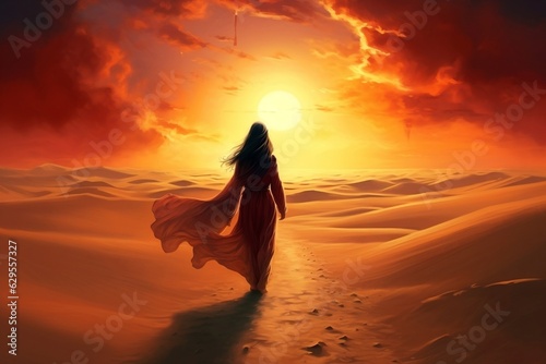 Desert Wanderer: Arabian Woman Amidst Sand and Dunes, Generative Ai