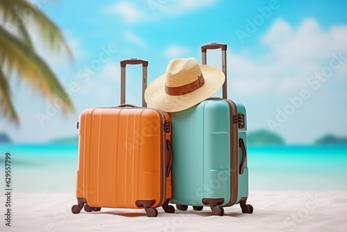 Two luggage with sun hat on the beach, world tourism day, Generative ai