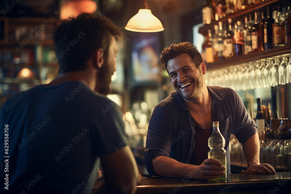 Craft from behind a heartwarming bokeh-laden photo of the bartender sharing a laugh with a regular customer, epitomizing the friendly atmosphere of the bar. Generative AI Craft from behind a heartwarming bokeh-laden photo of the bartender sharing a laugh with a regular customer, epitomizing the friendly atmosphere of the bar. Generative AI