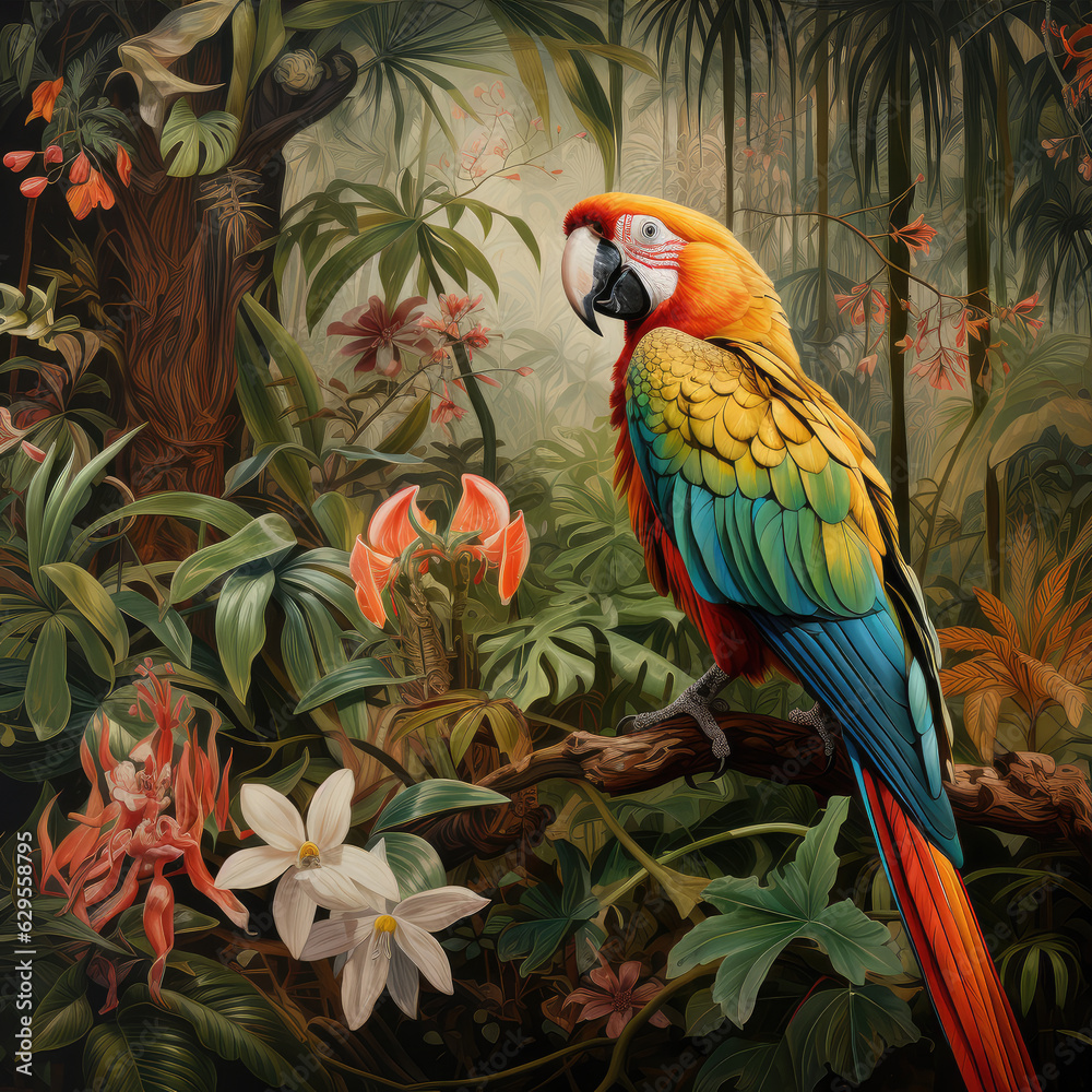 Red parrot Scarlet Macaw, Ara macao, bird sitting on the pal tree trunk, Panama. Wildlife scene from tropical forest. Beautiful parrot on green tree in nature habitat. Generative AI technology,