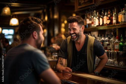 Craft from behind a heartwarming bokeh-laden photo of the bartender sharing a laugh with a regular customer, epitomizing the friendly atmosphere of the bar. Generative AI photo