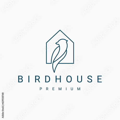 line art bird logo vector illustration design, minimalist bird house logo