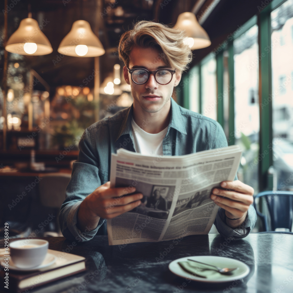 man with glasses and casual wear reading newspaper in cafe, sitting alone. man with glasses and casual wear reading newspaper in cafe, sitting alone.