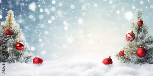 Beautiful Festive Christmas snowy background. Christmas tree decorated with red balls and knitted toys in forest in snowdrifts in snowfall outdoors generative AI