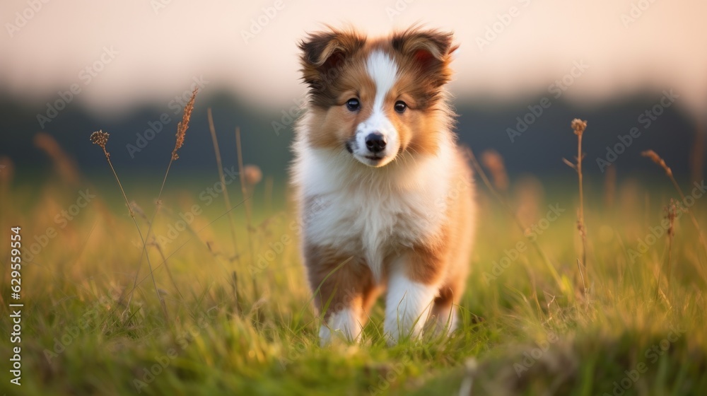 Shetland sheepdog puppy on green grass field. AI photography. - obrazy, fototapety, plakaty 