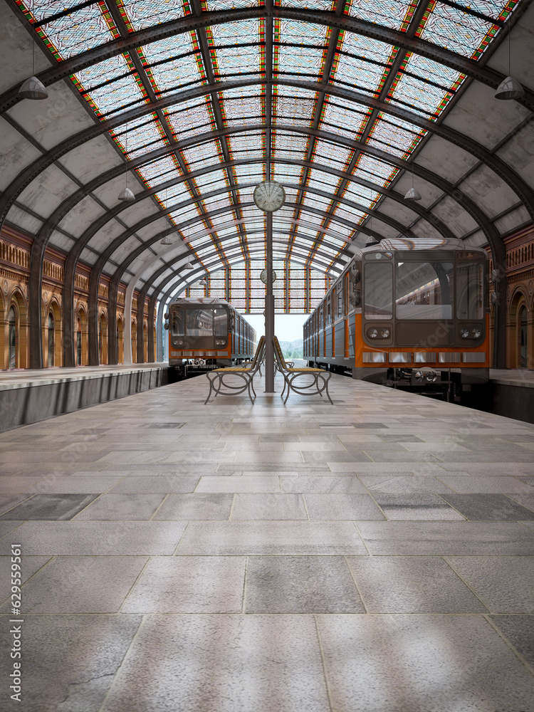 old classic train station and trains no people 3d render old classic train station and trains no people 3d render