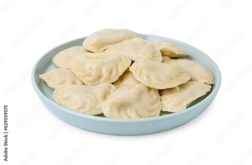 Plate of delicious dumplings (varenyky) isolated on white