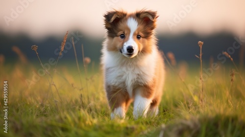 Shetland sheepdog puppy on green grass field. AI photography.