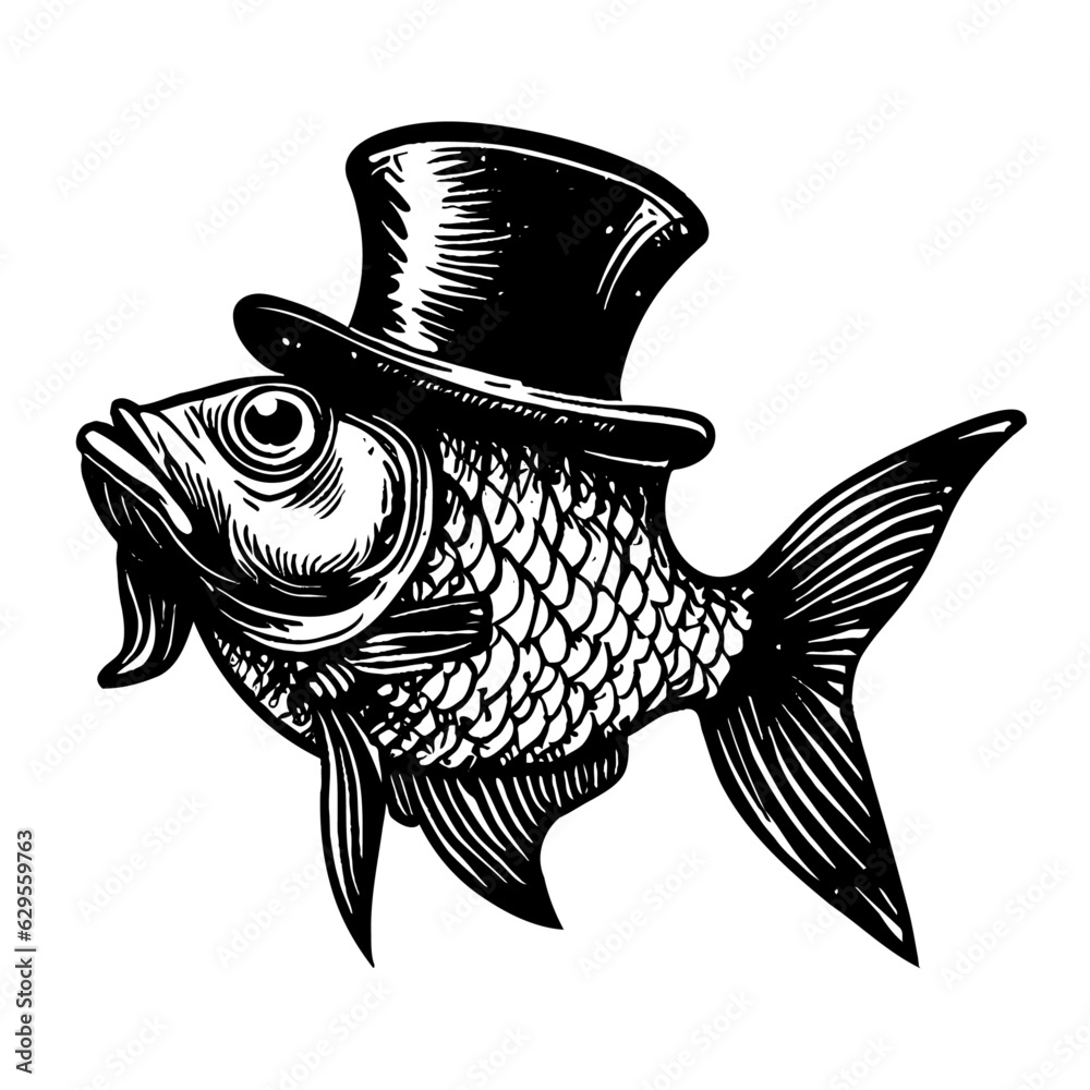 fish wearing a top hat vintage illustration Stock Vector