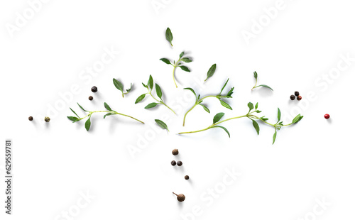 Fresh green organic thyme leaves and peper isolated on white background. Transparent background and natural transparent shadow; Ingredient, spice for cooking. collection for design