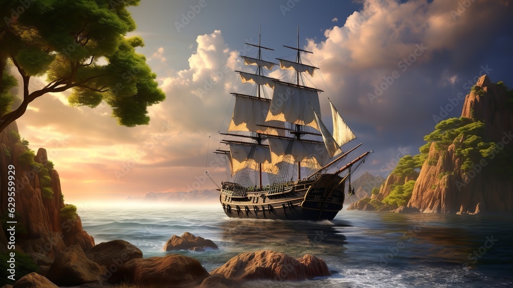 Fototapeta premium a wonderful landscape with a ship