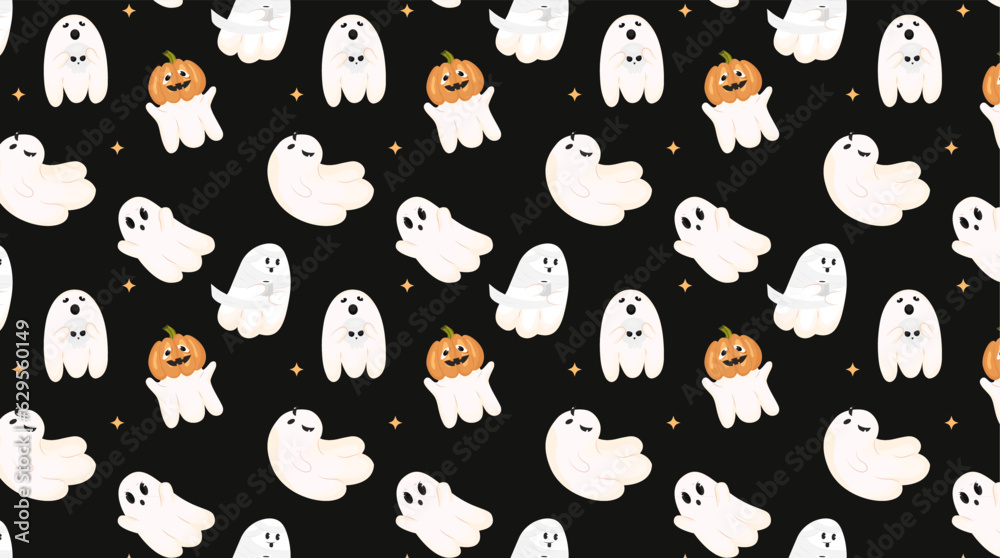 pattern with funny ghosts on a black background. Cute flying souls, halloween characters. Ghosts in flight, scary ghosts, different emotions, pumpkins, mummy pattern with funny ghosts on a black background. Cute flying souls, halloween characters. Ghosts in flight, scary ghosts, different emotions, pumpkins, mummy
