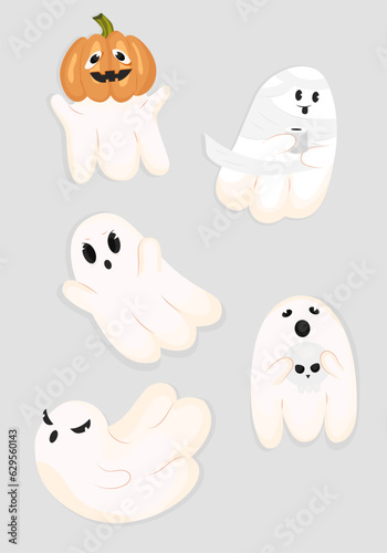 Sticker pack with funny ghosts on a light grey background. Cute flying souls, halloween characters. Ghosts in flight, scary ghosts, different emotions, pumpkins, mummy