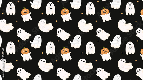 Fototapeta Naklejka Na Ścianę i Meble -  pattern with funny ghosts on a black background. Cute flying souls, halloween characters. Ghosts in flight, scary ghosts, different emotions, pumpkins, mummy