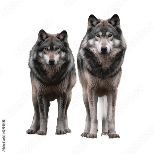 Two wolves isolated on transparent background, wild animals