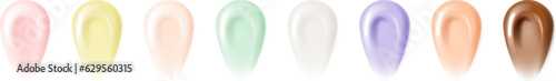 Cream gel mask texture samples. Face sunscreen lotion, makeup concealer foundation, bb or cc or dd beauty toner display smear. Cosmetic skincare vector isolated