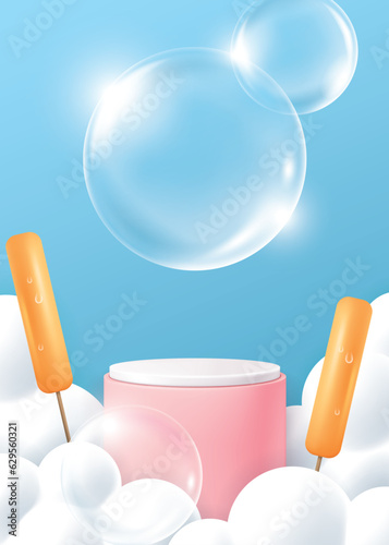Summer poster for product demonstration. Pink podium or pedestal with ice pop, cloud and bubble on blue background. Vector illustration for poster, banner, flyer, sale, invitation, discount.
