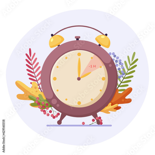 Fall back clock with autumn leaves, daylight saving time end