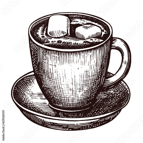 hot chocolate with marshmallow cup vintage illustration