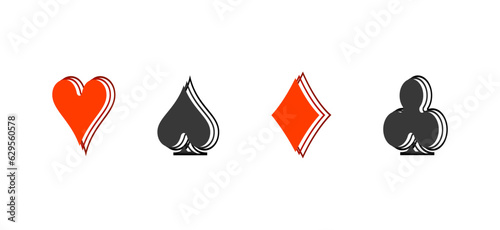 Poker playing cards suits symbols - spades hearts diamonds and clubs. Blackjack card icons isolated on white background. Playing card suit shape symbol pictogram for web design. Vector illustration.