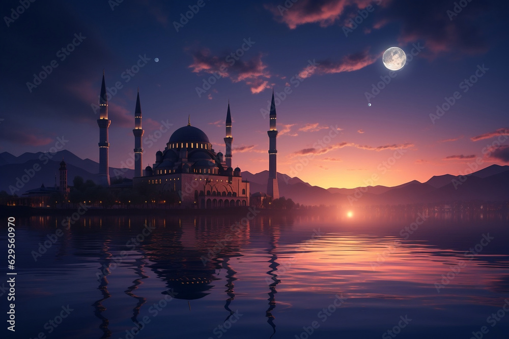 Silhouette mosque against a stunning Islamic night sky: a serene and holy scene,