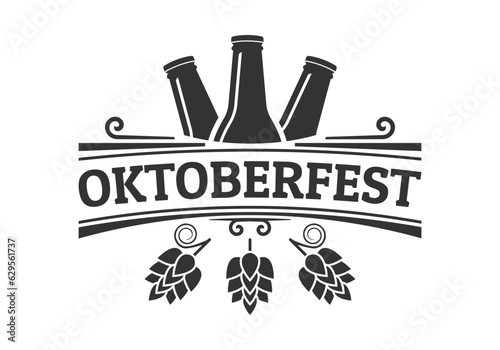 Oktoberfest icon, logo or label with beer bottles and hops. October fest vintage design. Bavarian festival symbol. Vector illustration.