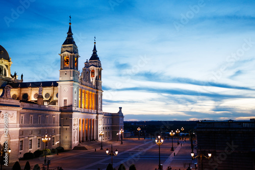 Almudena Cathedral illuminated during night at Armeria square