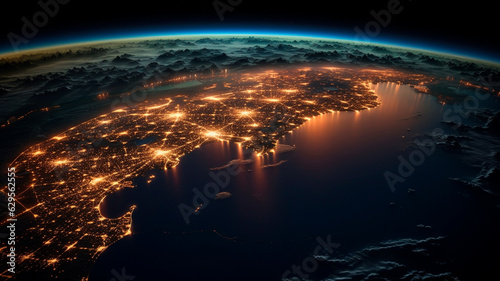 realistic united arab emirates from space, UAE from space, night saudi arabia from space. Generative AI