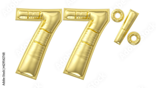 77 percent discount. Gold glossy balloon in the shape of a number. 3D rendering