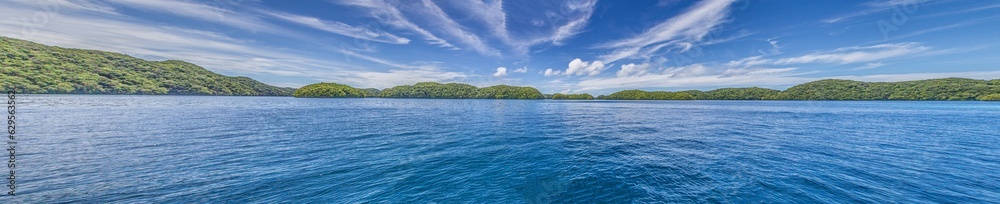 Panoramic view over turquoise blue water to a tropical island in Palau