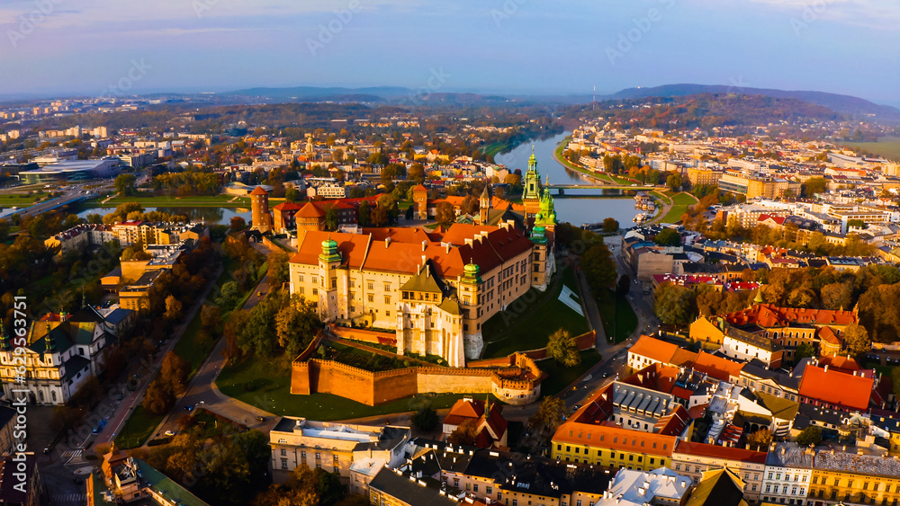 Aerial view Royal Wawel Castle and Gothic Cathedral in Cracow, Poland. 