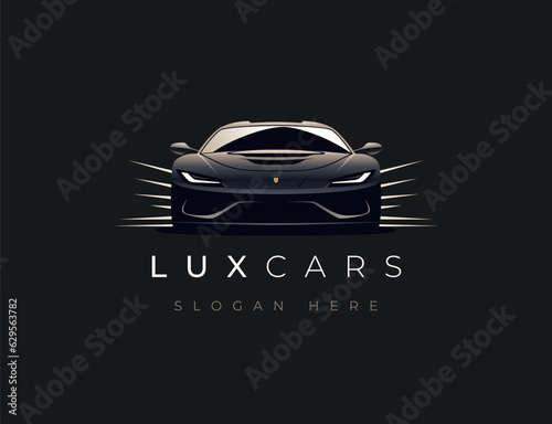 Auto car premium dealer logo emblem design. Sports luxury car icon. Motor vehicle dealership badge. Automotive showroom garage sign. Car front view on dark background