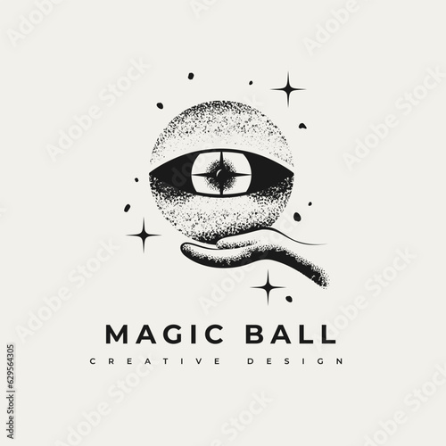 Magic Crystal Ball Future Logo. Human hand and mystery planet symbol. Eyeball. Monochrome vector illustration. Isolated on white background