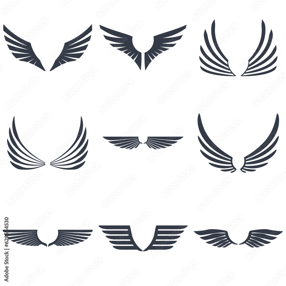 Set of retro inked modern wings icons and emblems for logos, coat of arms signs or other graphic or printing materials.