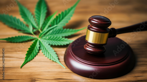 Judge's gavel against the background of huge green cannabis leaves