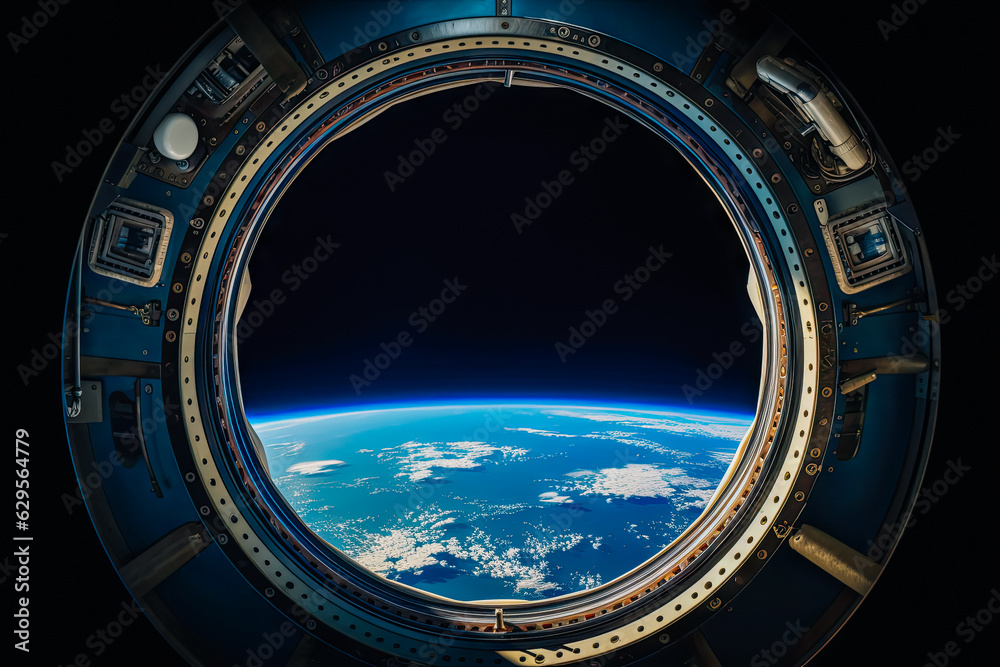 Beyond Horizons: Earth's Beauty from Space. a View of the earth from the porthole of a satellite. Generated AI.