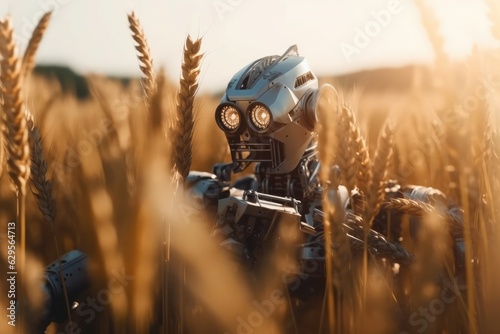 Robot in spikes of ripe wheat in sun. Close-up. Robot in a wheat field.