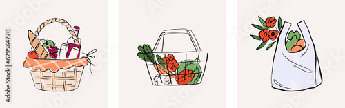 Grocery shopping bags with produce. Fruits and veggies in various reusable shopping bags.