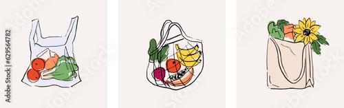 Grocery shopping bags with produce. Fruits and veggies in various reusable shopping bags.