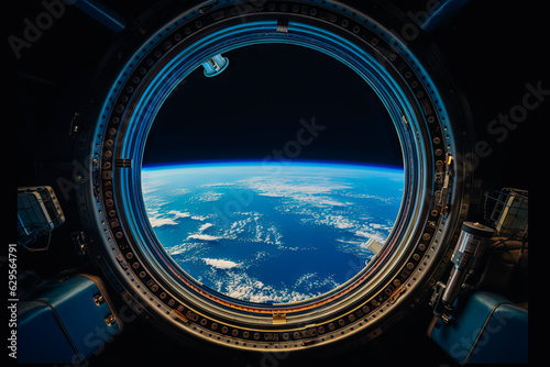 Beyond Horizons: Earth's Beauty from Space. a View of the earth from the porthole of a satellite. Generated AI.