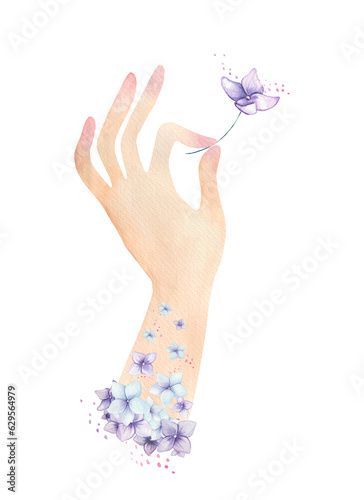 Watercolor clipart hand with flowers and leaves on a white isolated background. A hand holds a flower. Pink, Purple green. the flower holds with your fingers