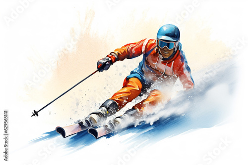 Watercolor illustration of a skier racer coming fast across the side of a mountain, isolated on white background