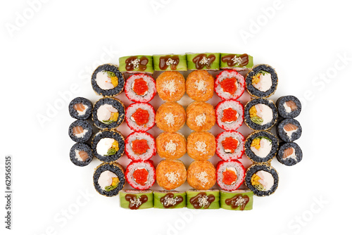 a large set of rolls and maki and crunch rolls with salmon, red caviar, mango and avocado on a white background for a restaurant menu, studio shooting 2