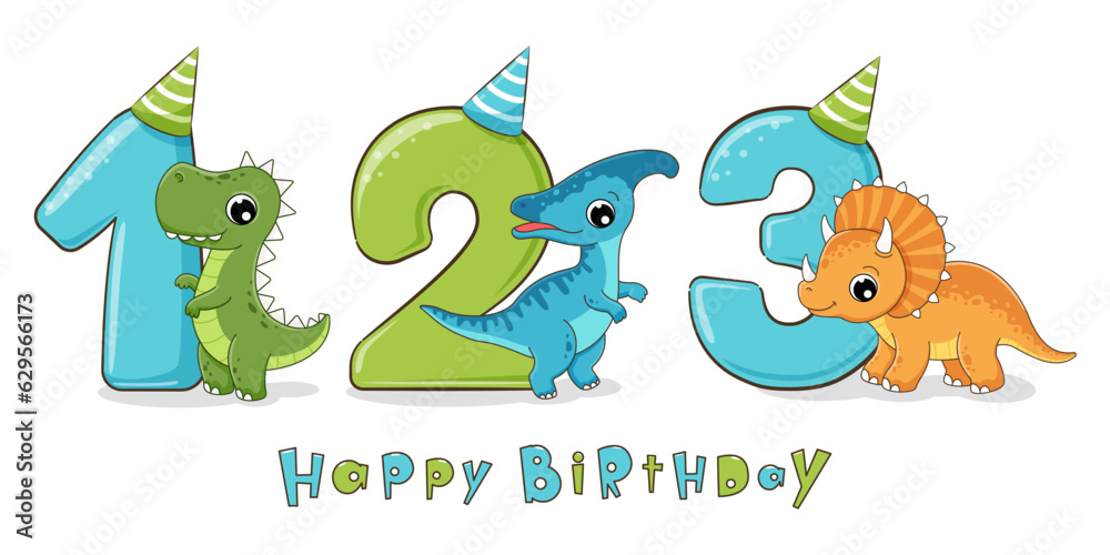Cute dinosaur birthday party with numbers 1, 2, 3. First, second and third birthday.