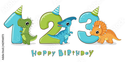 Cute dinosaur birthday party with numbers 1, 2, 3. First, second and third birthday.